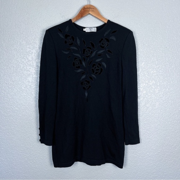 Vintage VALENTINO 100% Wool Floral Velvet Sweater, Black 6 - Designer, Italian - Picture 6 of 10